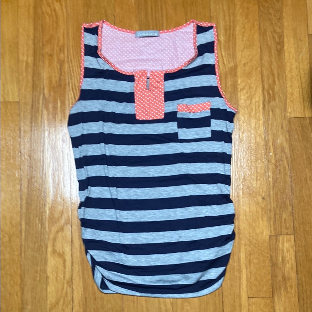 Navy and Gray Striped Sleeveless Top with Pink Accents